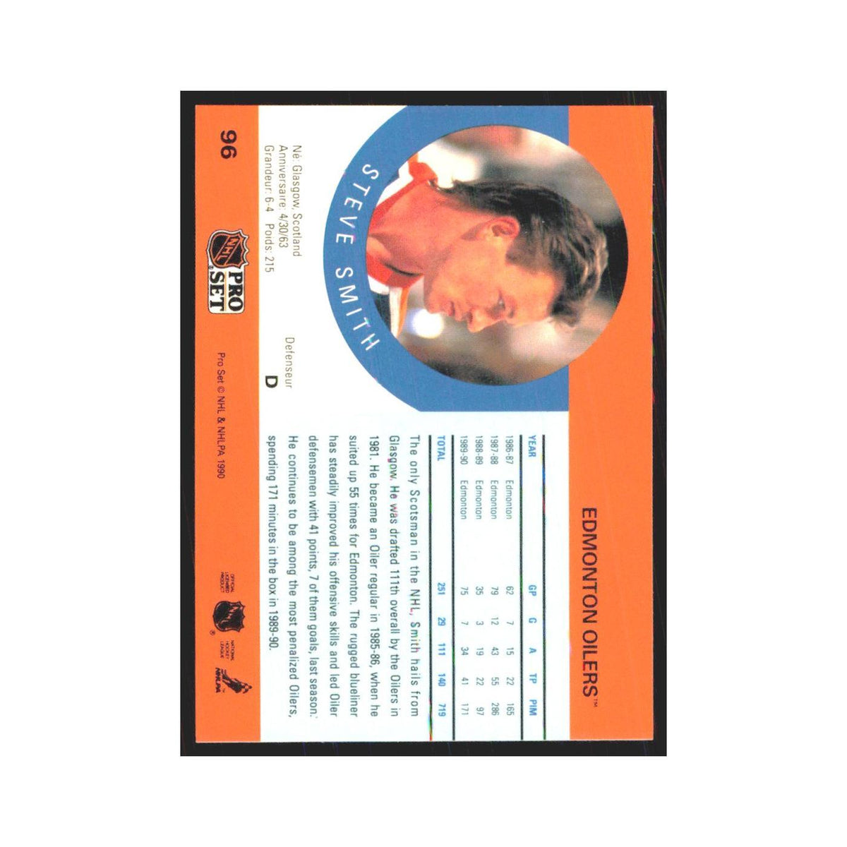 1990 Pro Set Steve Smith Edmonton Oilers #96