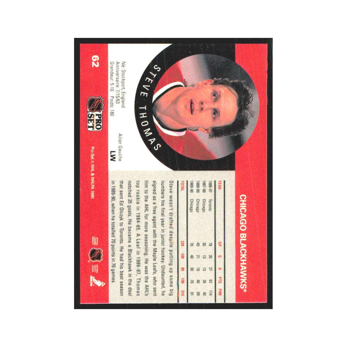 1990 Pro Set Steve Thomas Chicago Blackhawks #62