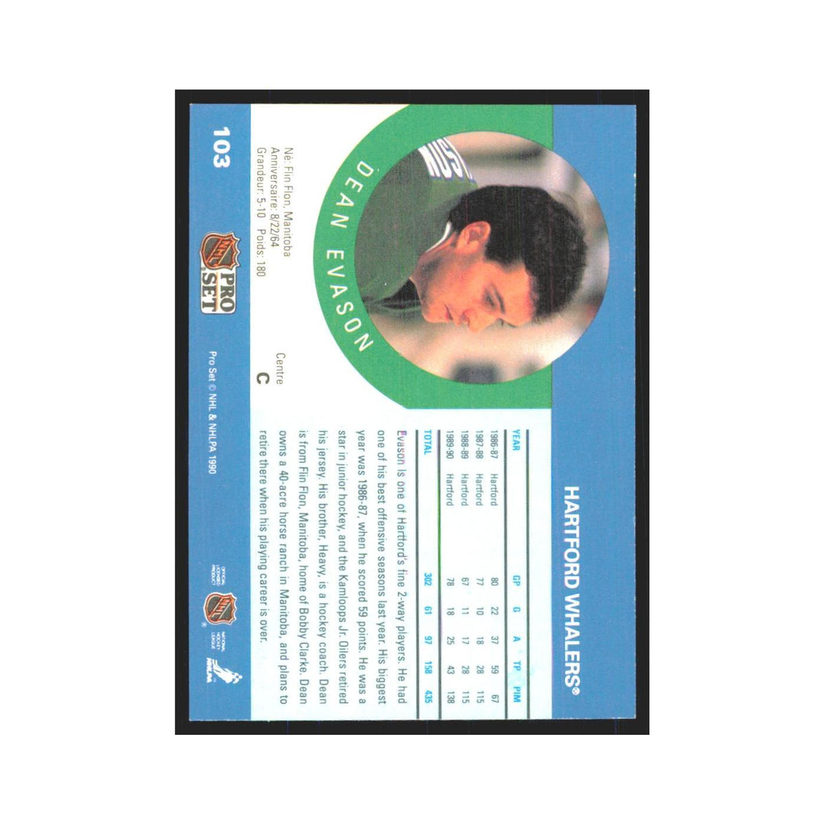 1990 Pro Set Dean Evason Hartford Whalers #103
