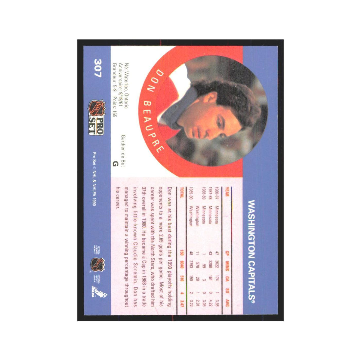 1990 Pro Set Don Beaupre Washington Capitals #307