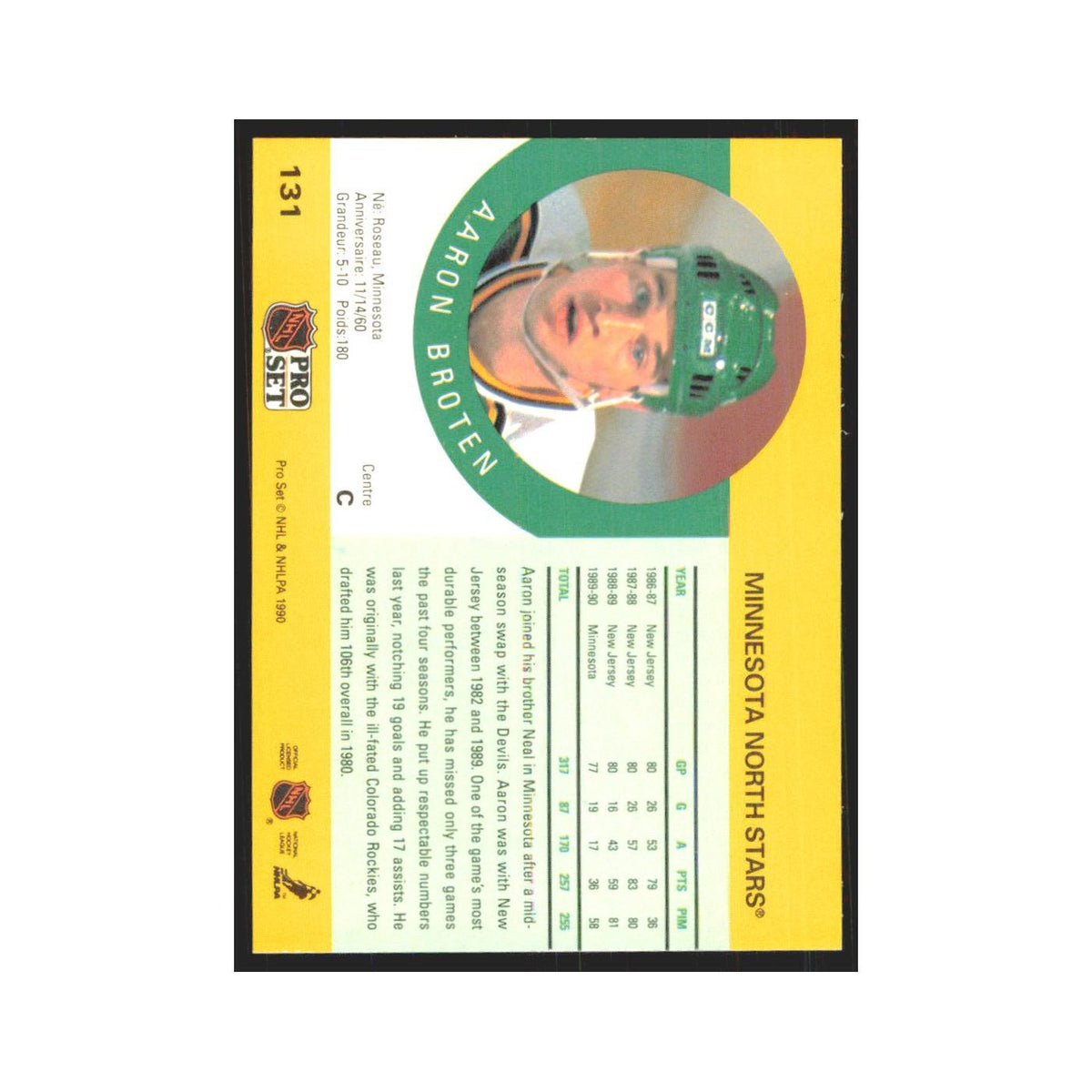 1990 Pro Set Aaron Broten Minnesota North Stars #131