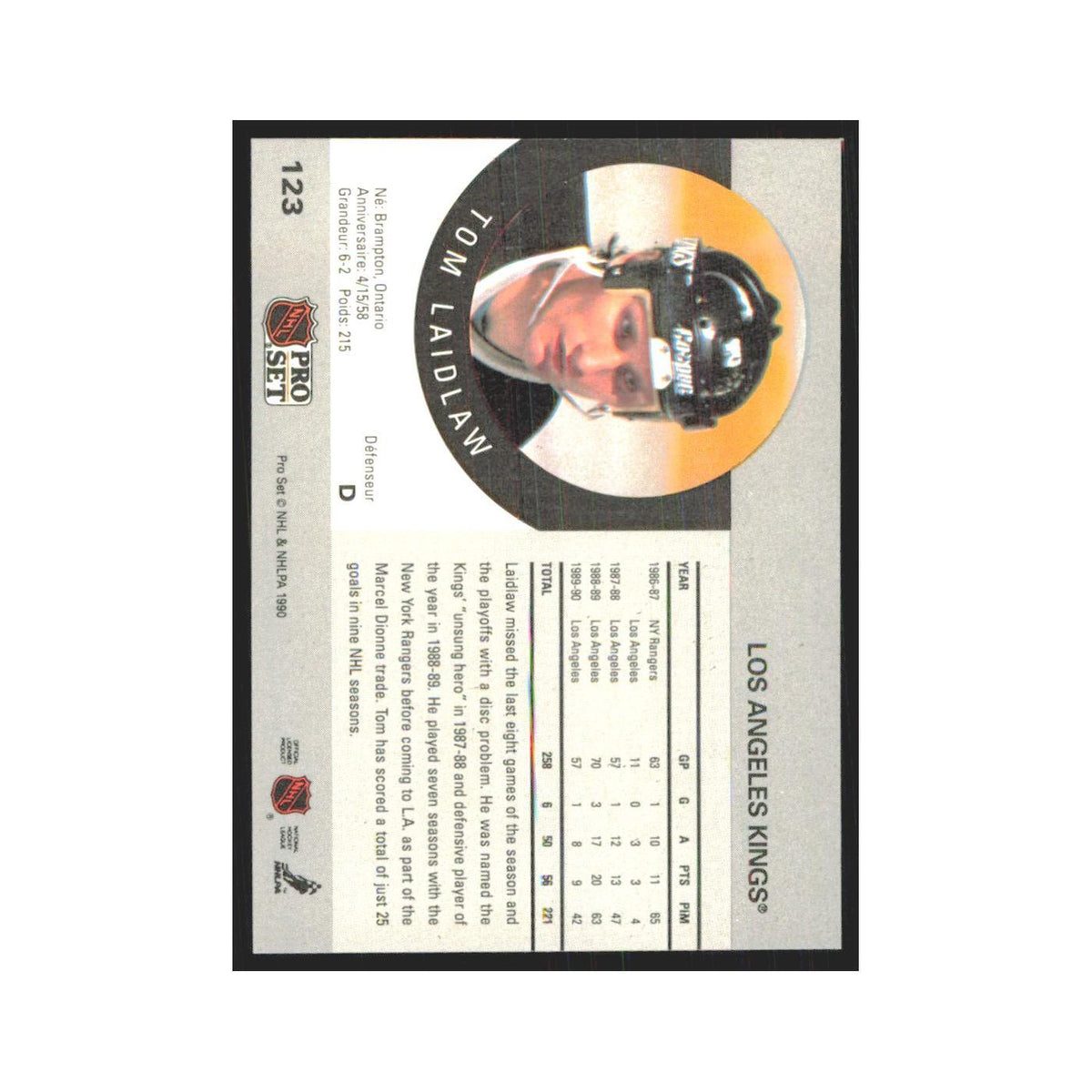 1990 Pro Set Tom Laidlaw Los Angeles Kings #123