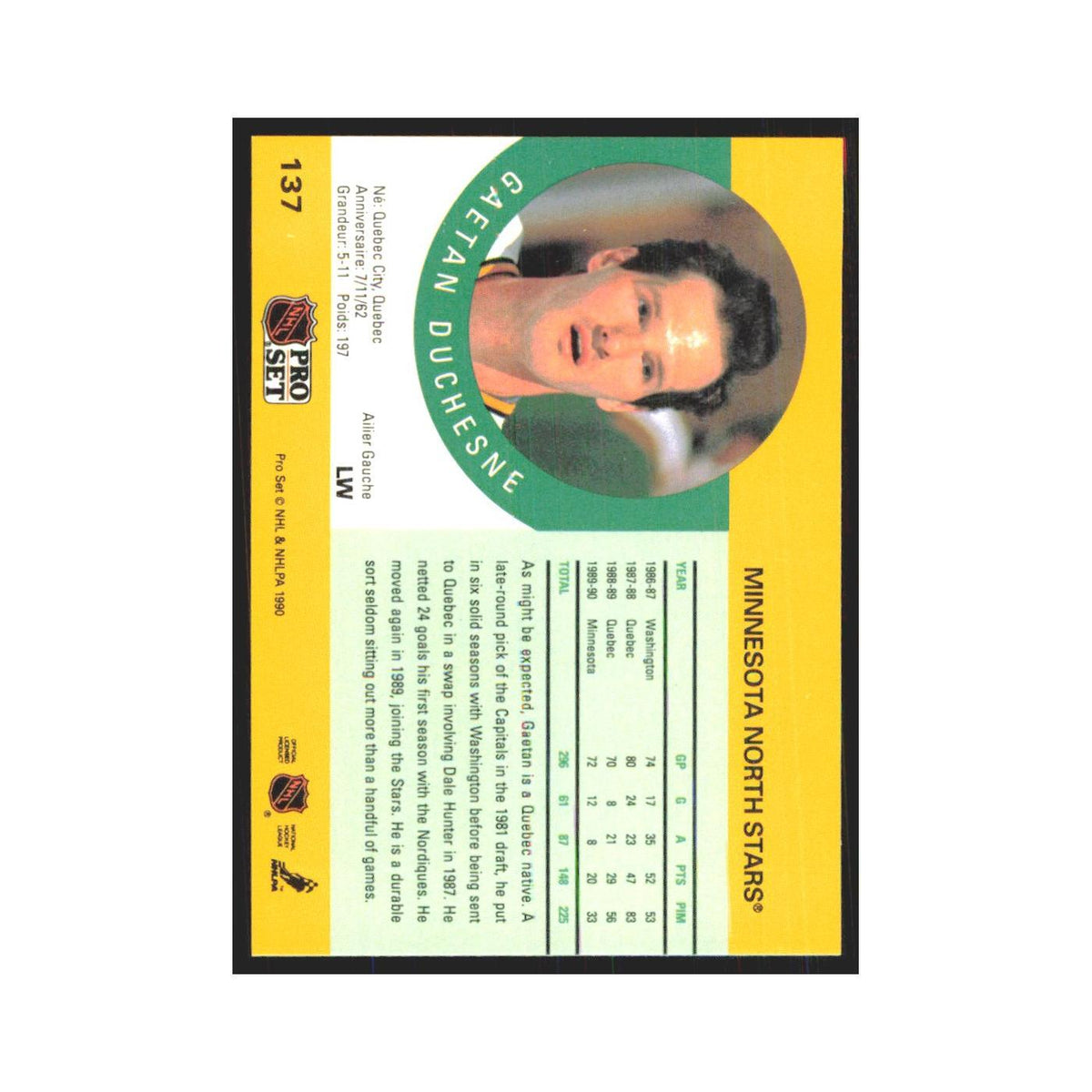 1990 Pro Set Gaetan Duchesne Minnesota North Stars #137