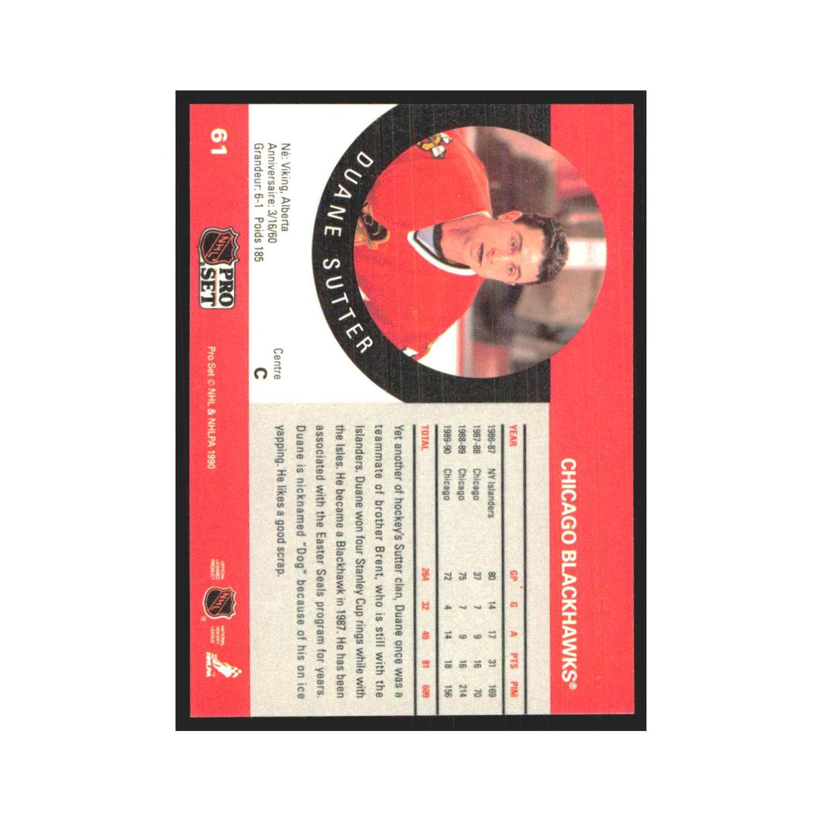 1990 Pro Set Duane Sutter Chicago Blackhawks #61A