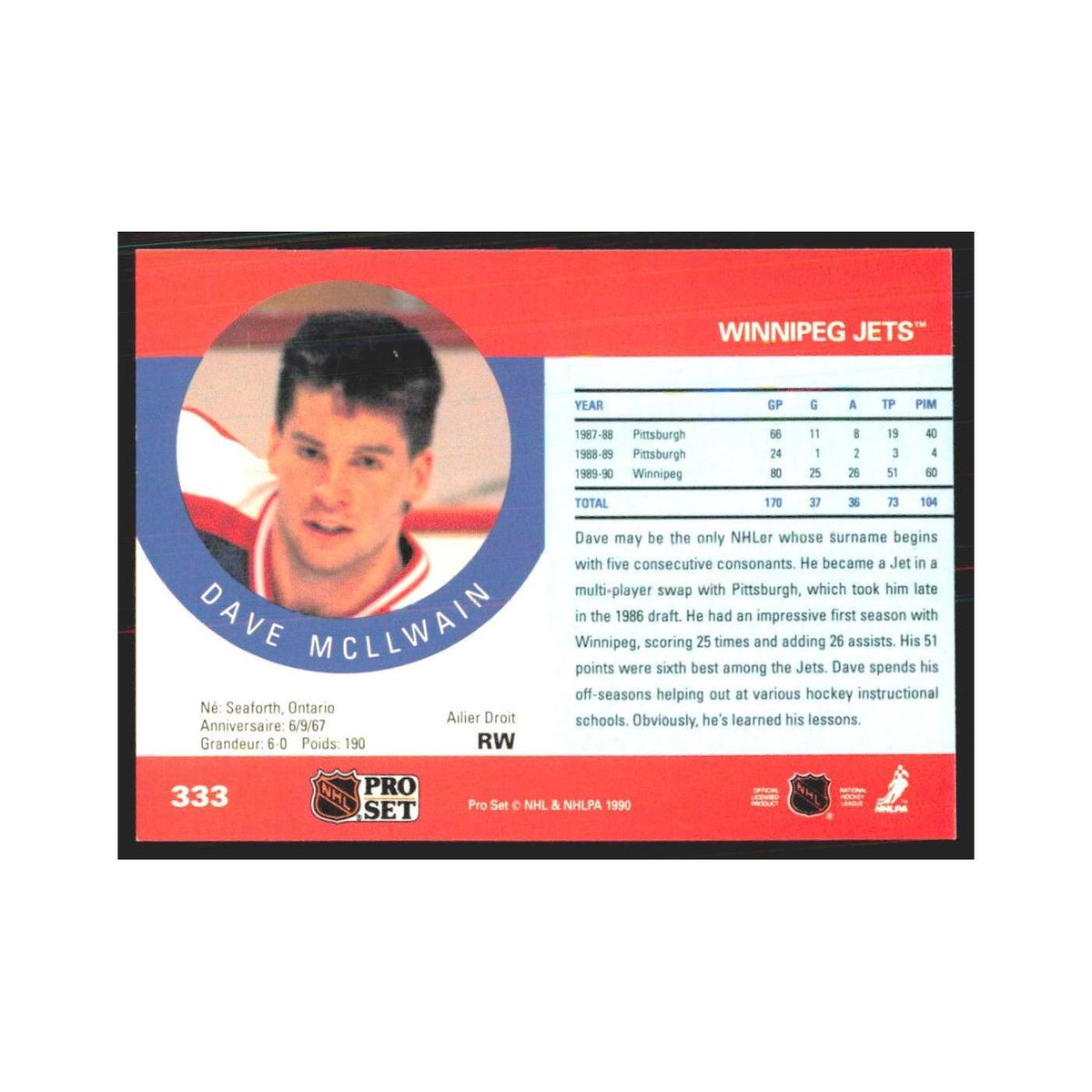 1990 Pro Set Dave McLlwain Winnipeg Jets #333