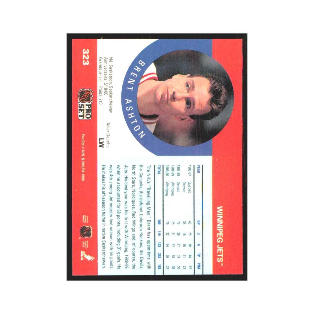 1990 Pro Set Brent Ashton Winnipeg Jets #323