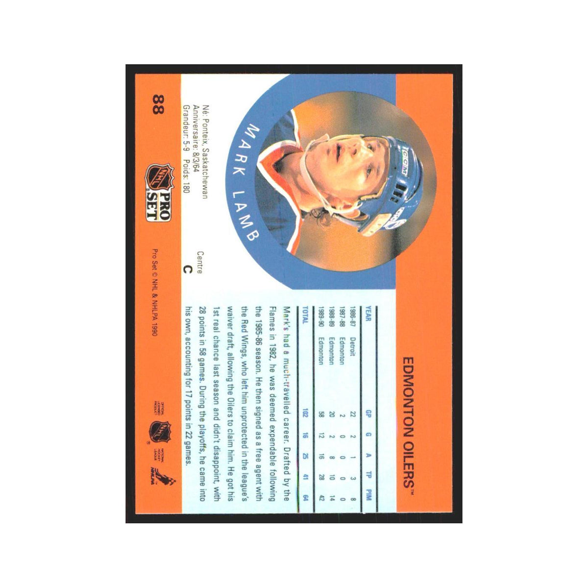 1990 Pro Set Mark Lamb Edmonton Oilers #88
