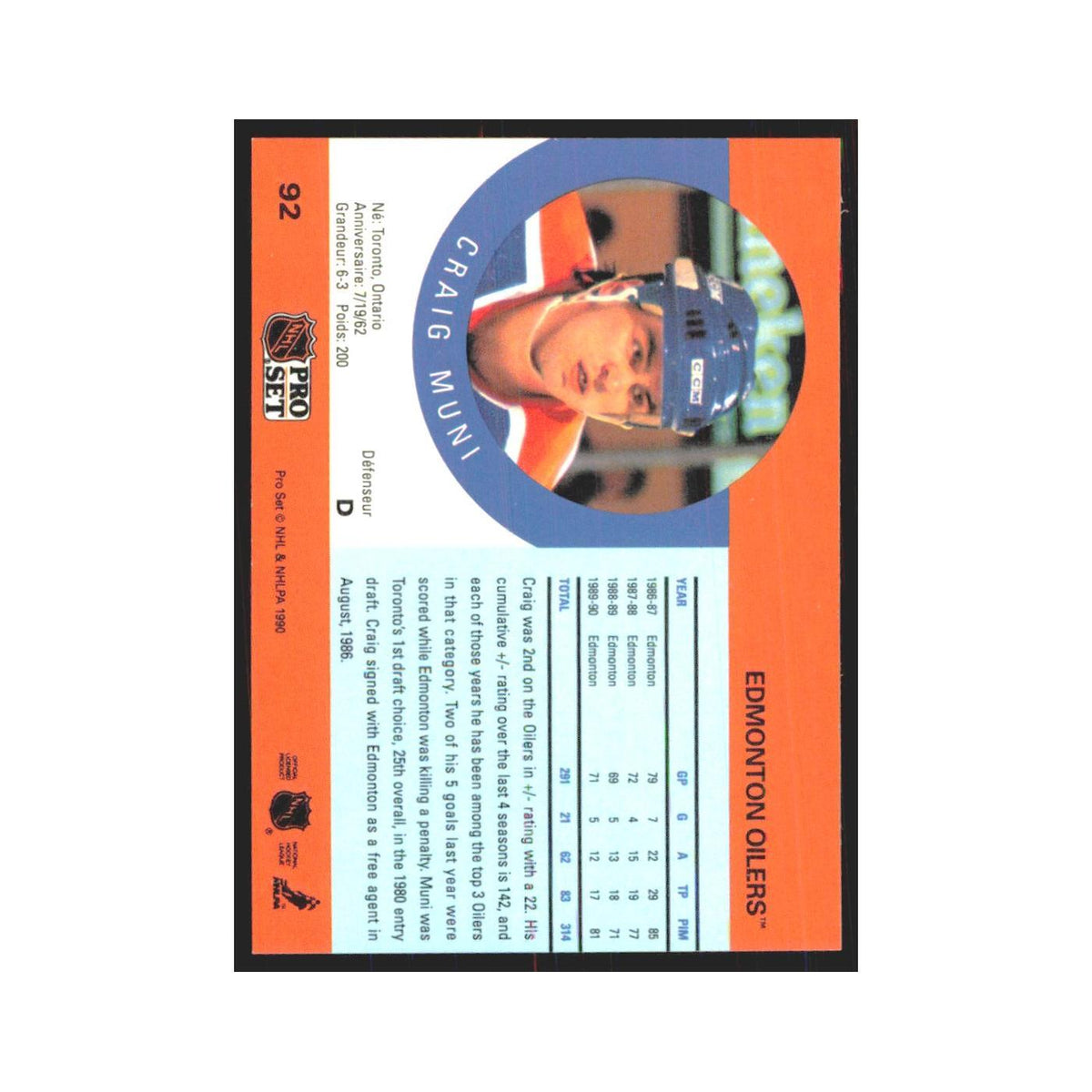 1990 Pro Set Craig Muni Edmonton Oilers #92