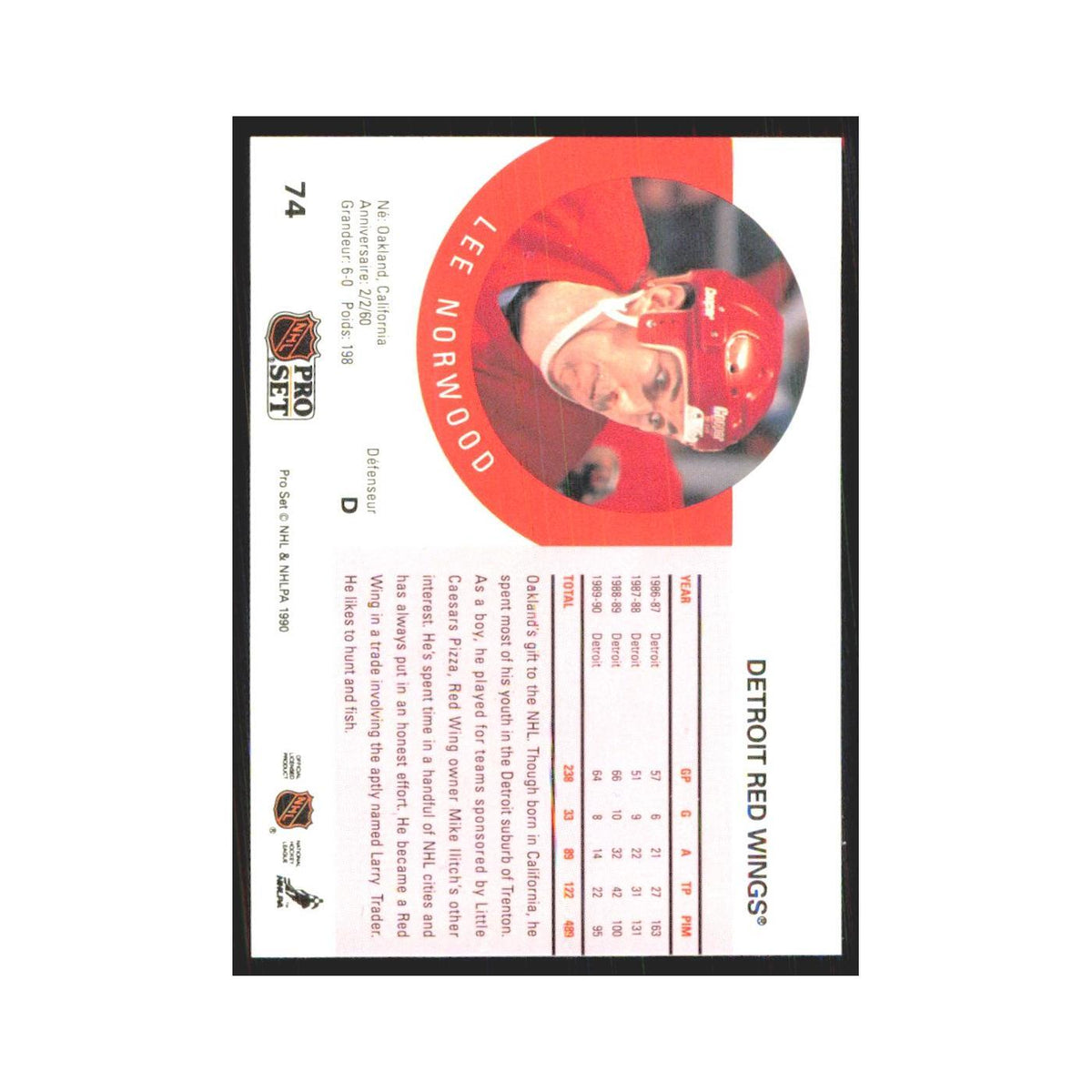 1990 Pro Set Lee Norwood Detroit Red Wings #74