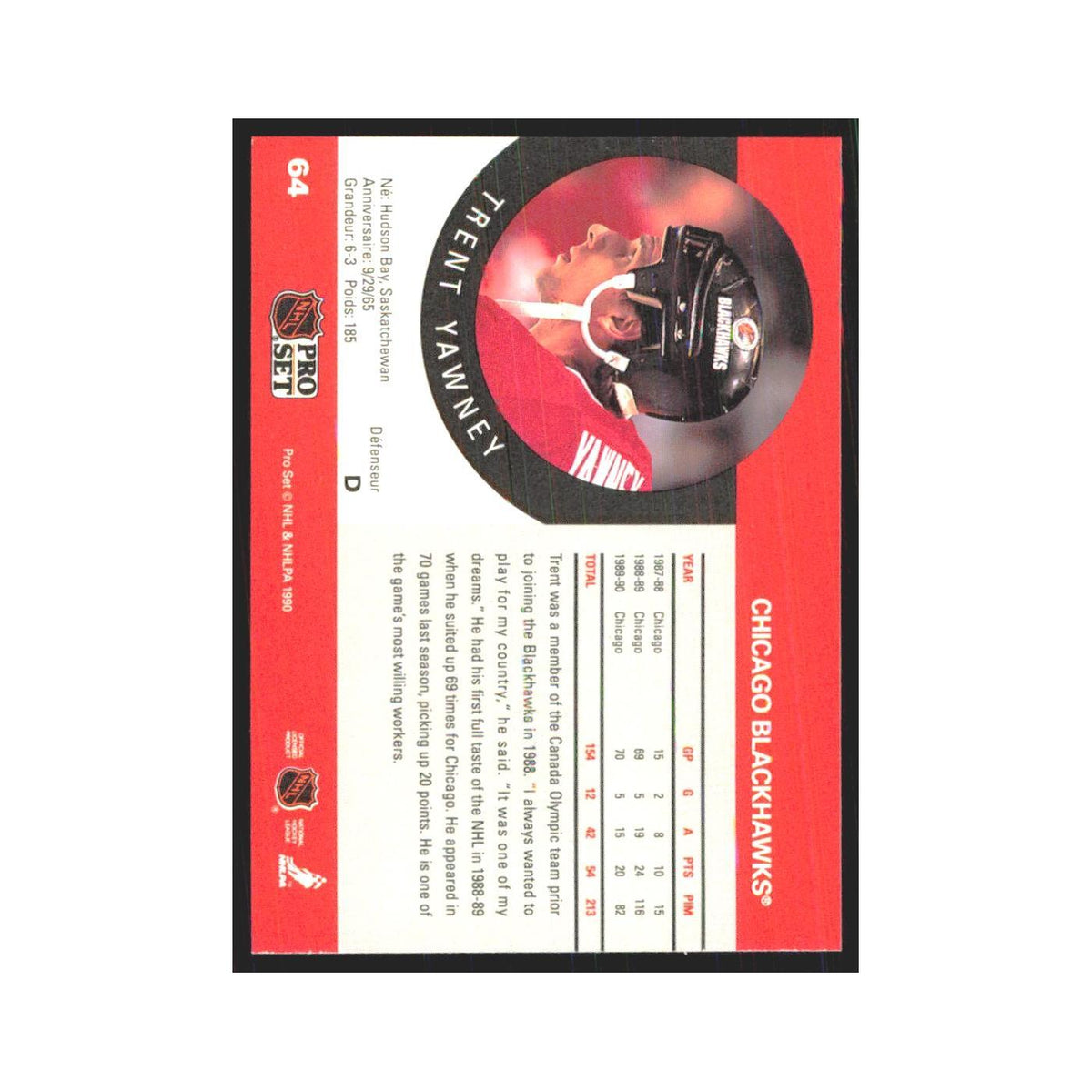 1990 Pro Set Trent Yawney Chicago Blackhawks #64