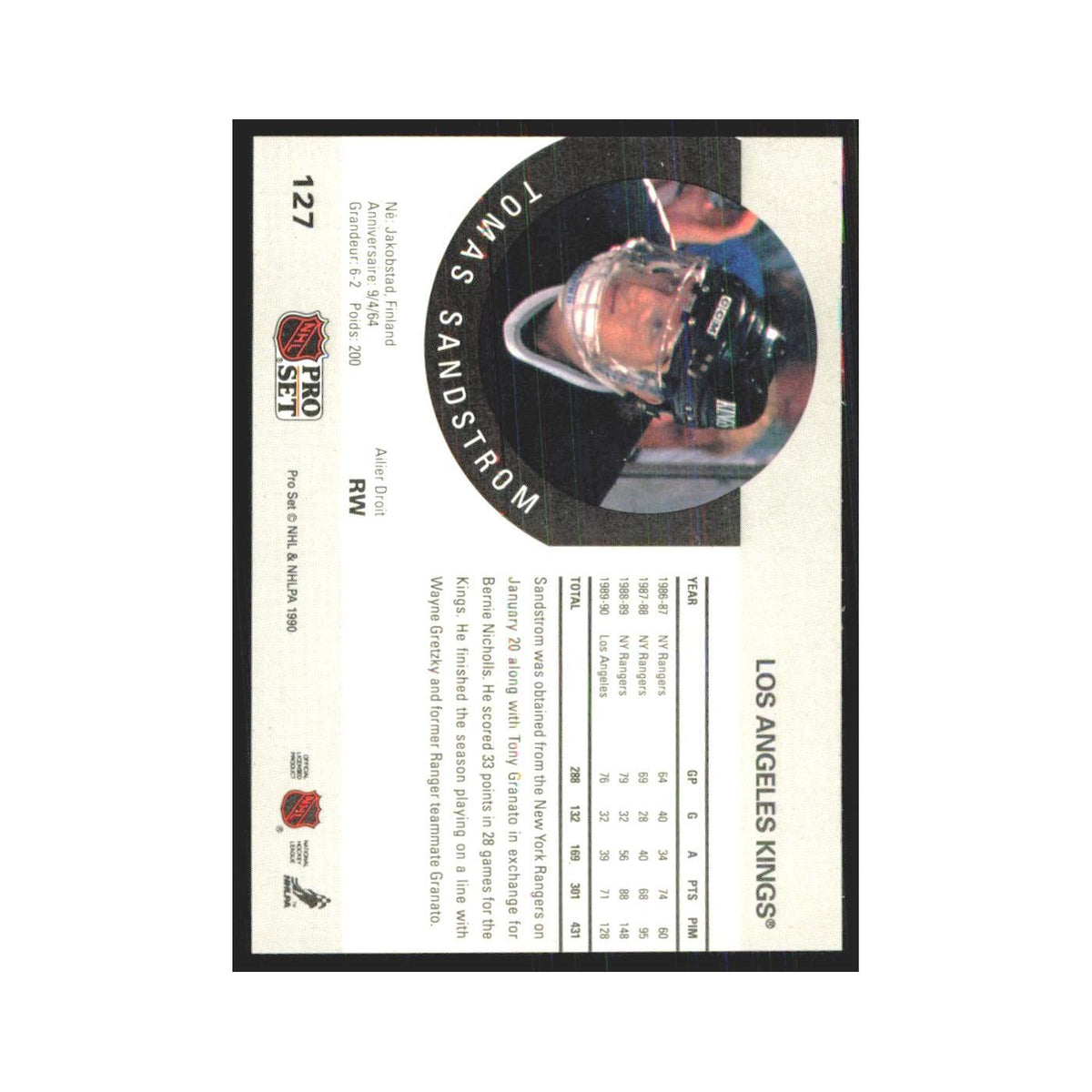 1990 Pro Set Tomas Sandstrom Los Angeles Kings #127