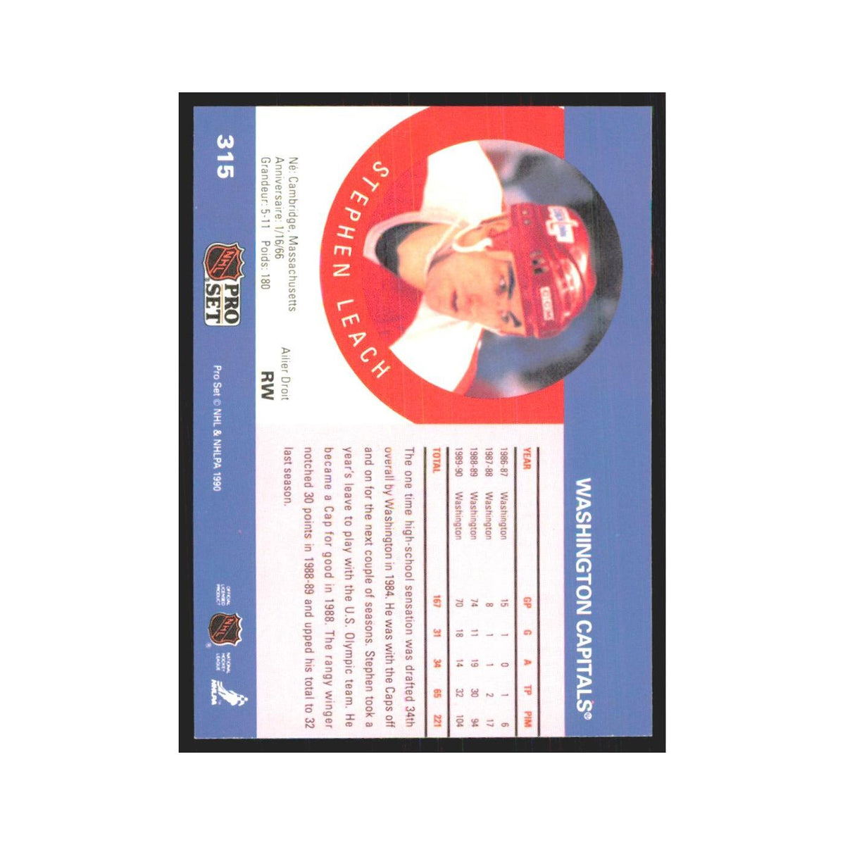 1990 Pro Set Stephen Leach Washington Capitals #315