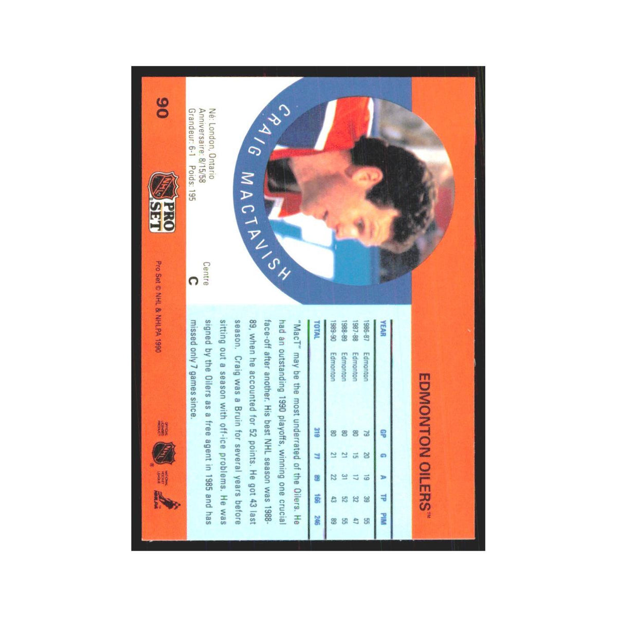 1990 Pro Set Craig MacTavish Edmonton Oilers #90