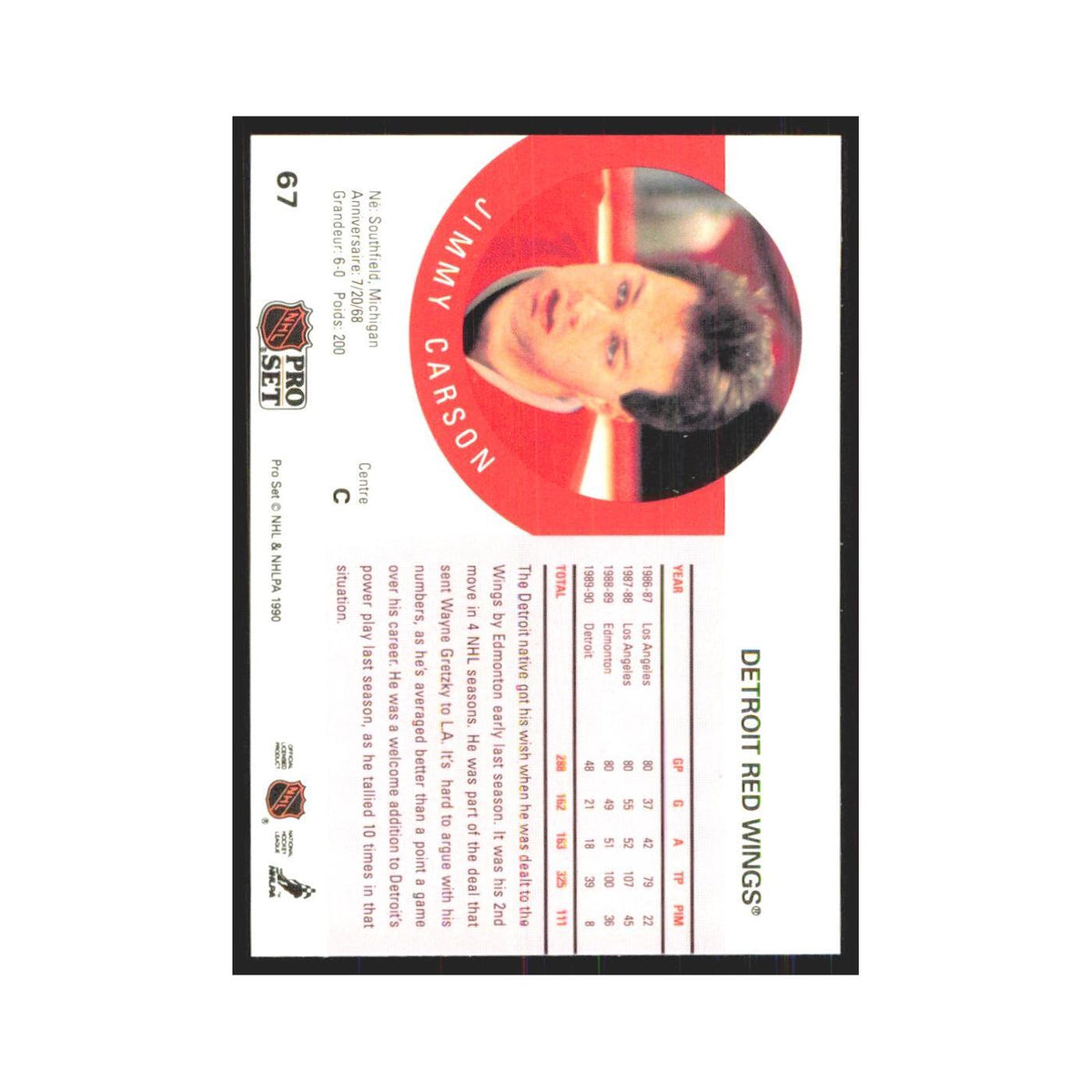 1990 Pro Set Jimmy Carson Detroit Red Wings #67