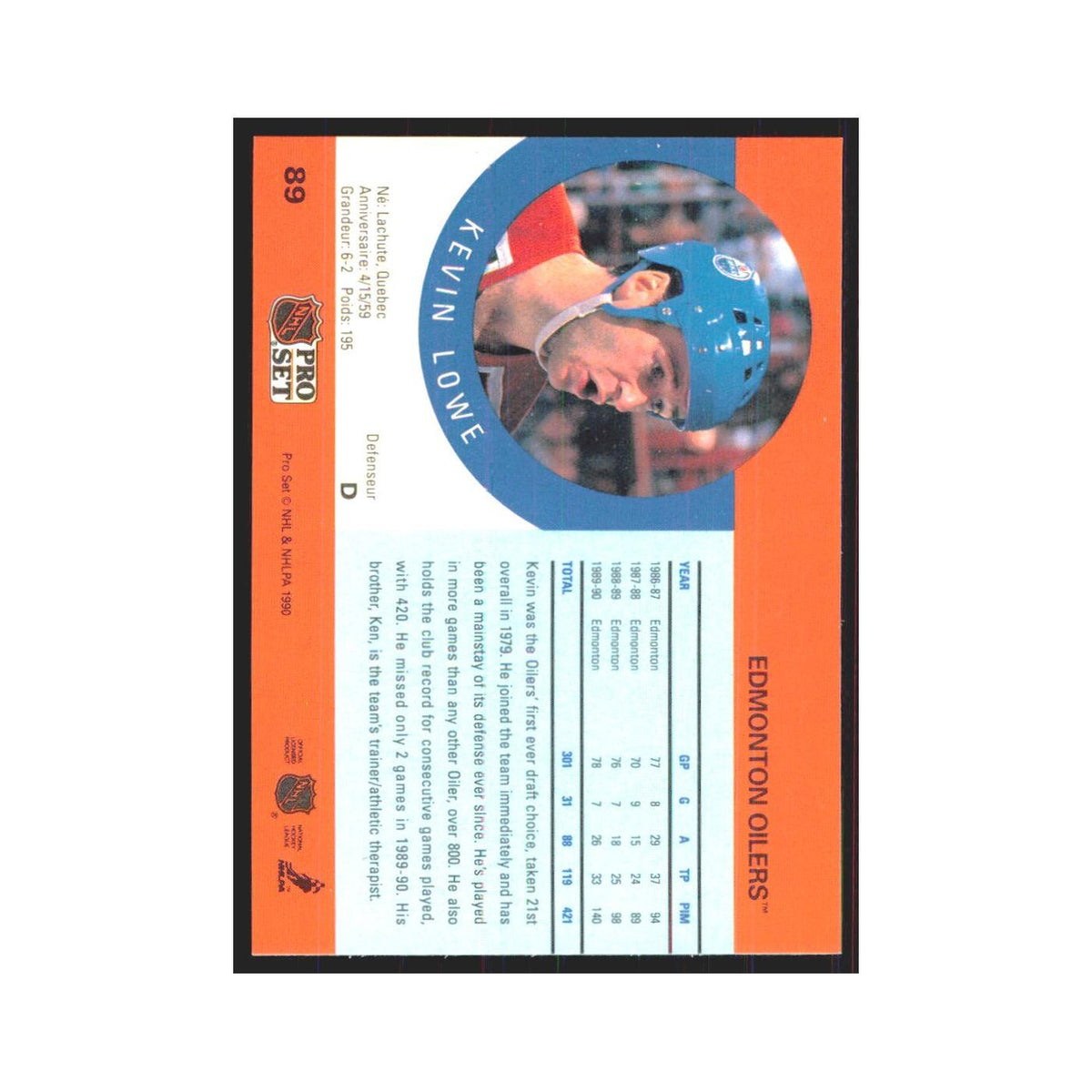1990 Pro Set Kevin Lowe Edmonton Oilers #89