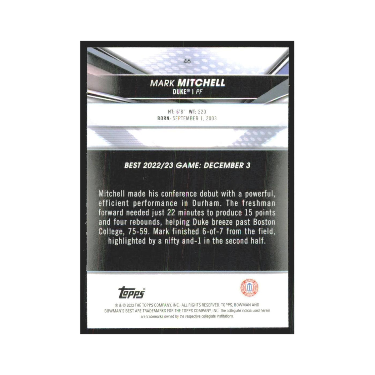 2023 Bowman University Best Mark Mitchell Duke Blue Devils #46
