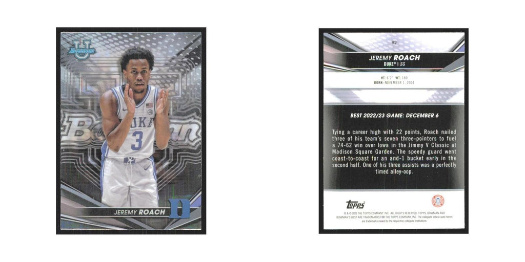 2023 Bowman University Best Jeremy Roach Duke Blue Devils #92