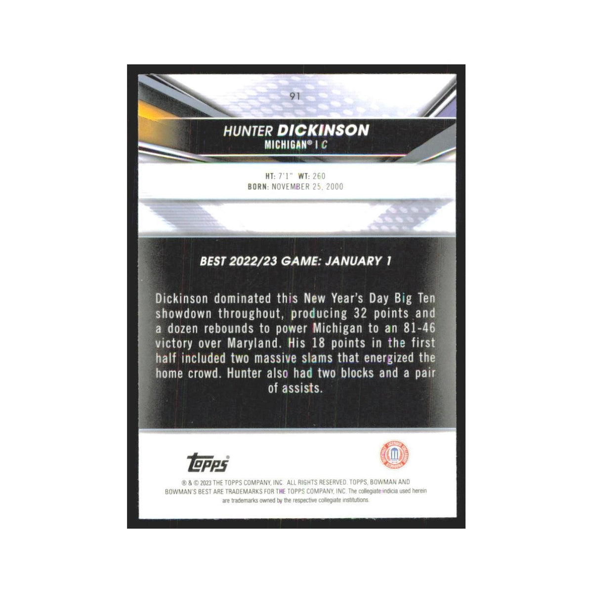 2023 Bowman University Best Hunter Dickinson Michigan Wolverines #91
