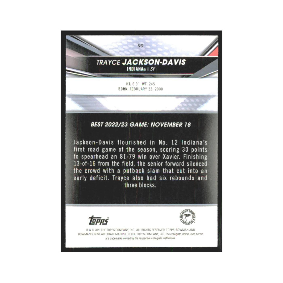 2023 Bowman University Best Trayce Jackson-Davis Indiana Hoosiers #99