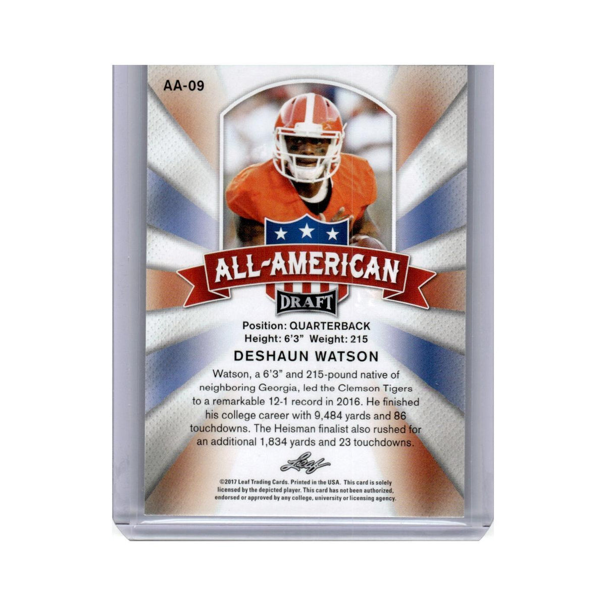 Deshaun Watson 2017 Leaf Draft All-American #AA-09 Clemson Tigers NM