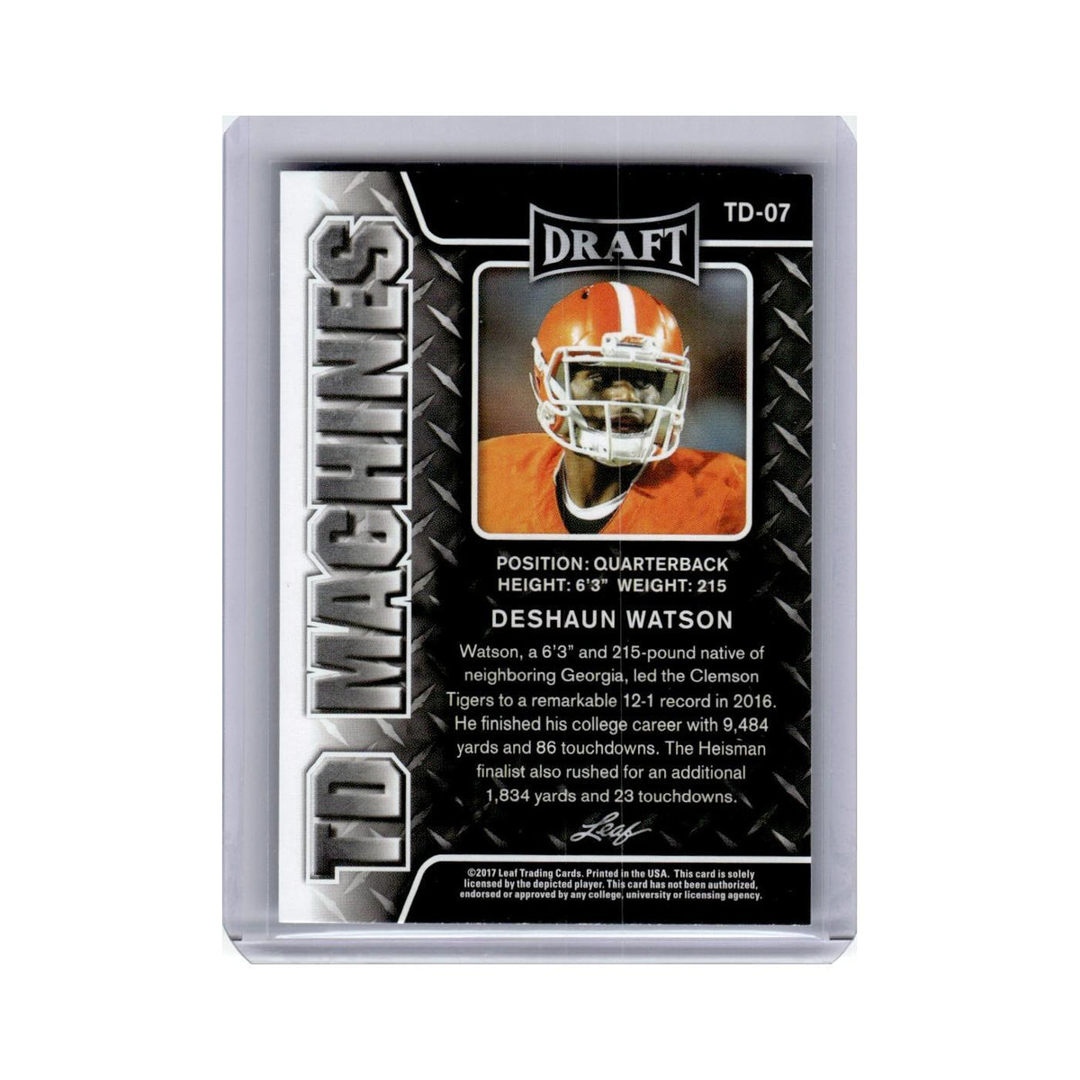 Deshaun Watson 2017 Leaf Draft TD Machines #TD-07 Clemson Tigers NM