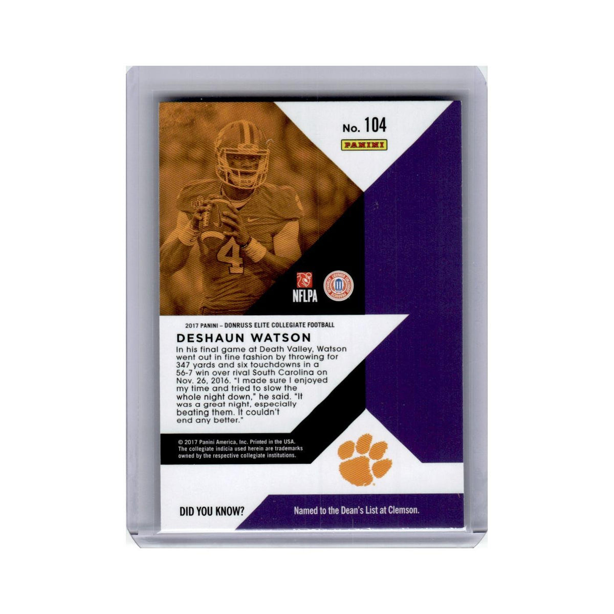 Deshaun Watson Rookie 2017 Donruss Elite Collegiate #104 Clemson Tigers NM