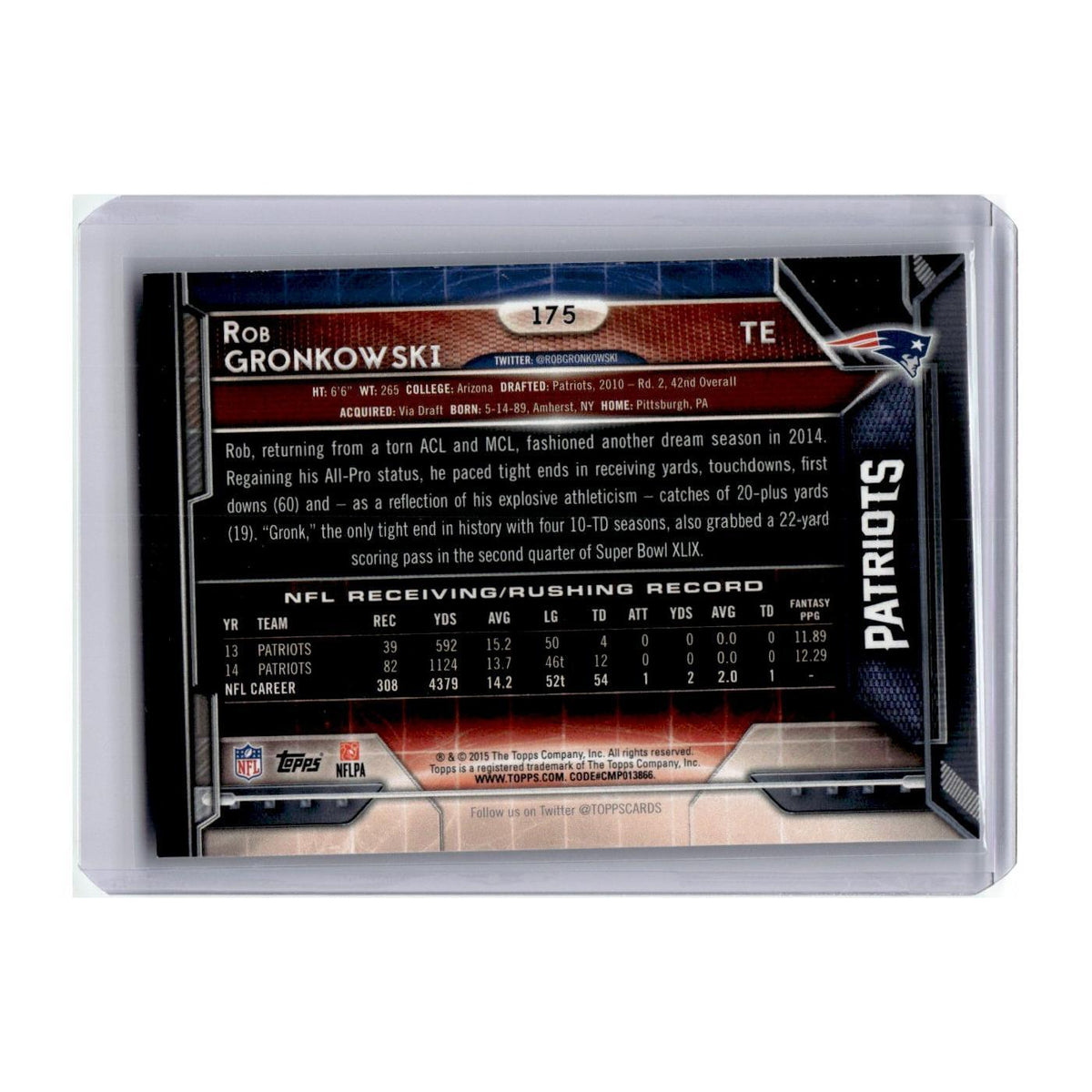 Rob Gronkowski 2015 Topps #175 New England Patriots Football Card NM