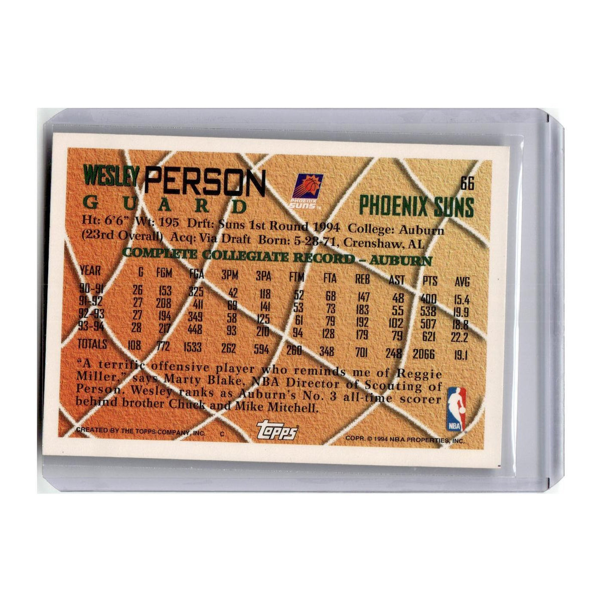 Wesley Person 1994 Topps #66 Phoenix Suns Basketball Card NM