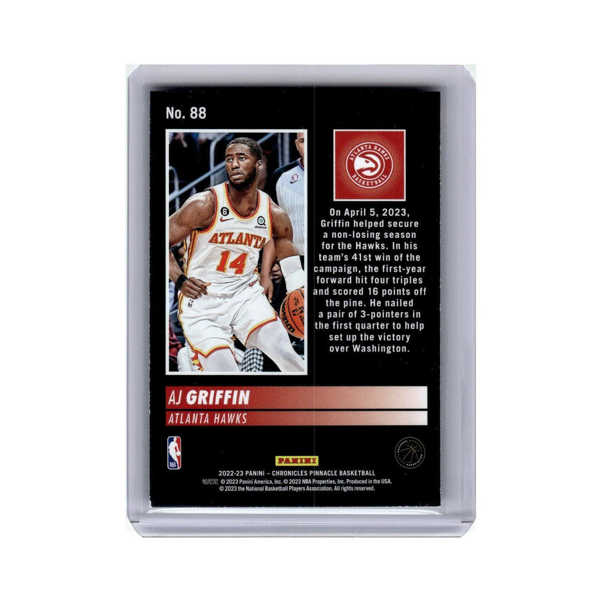 AJ Griffin Rookie 2022 Panini Chronicles Pinnacle #88 Atlanta Hawks NM