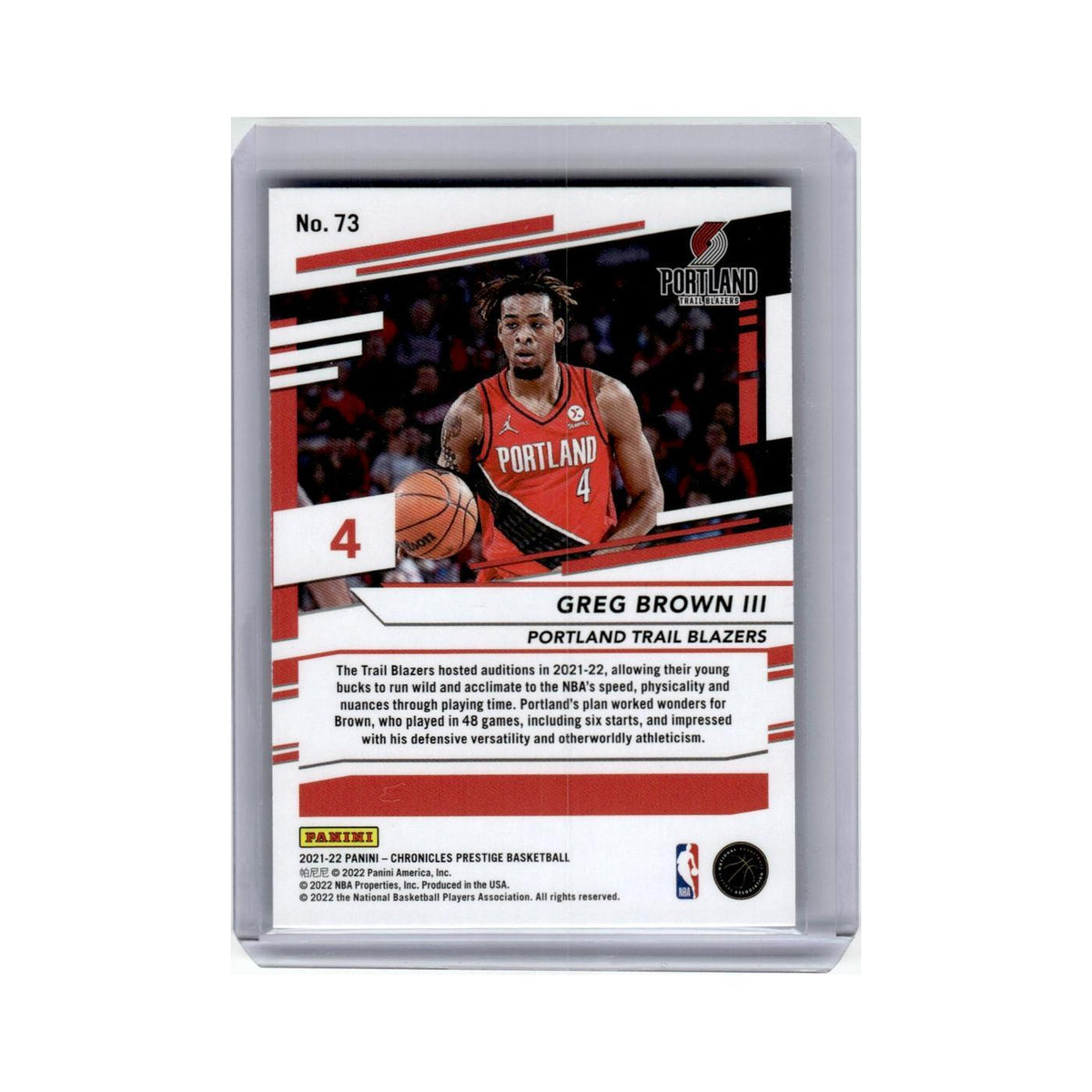 Greg Brown III Rookie 2021 Panini Chronicles Prestige #73 Blazers NM
