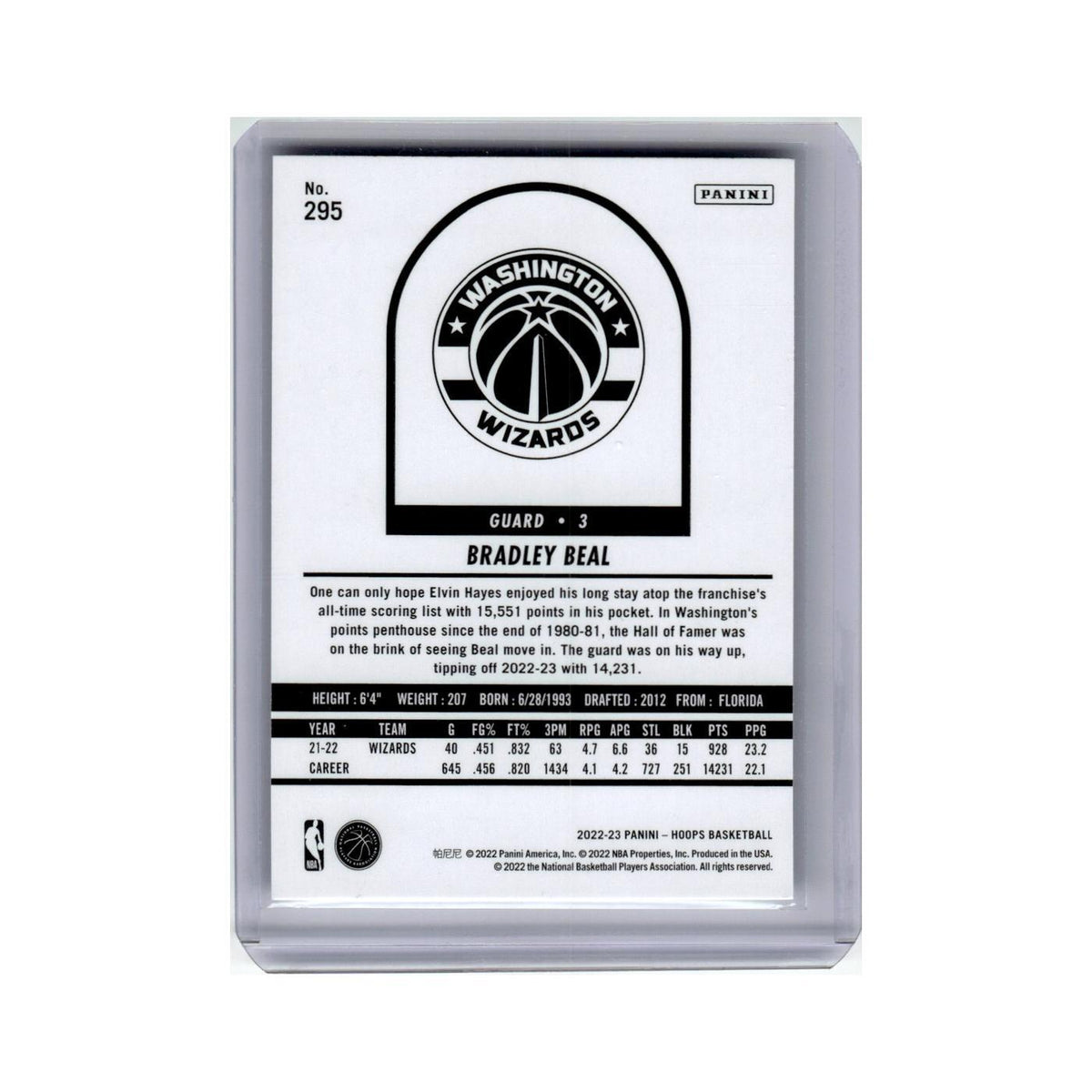 Bradley Beal 2022 Hoops #295 Washington Wizards Basketball Card NM