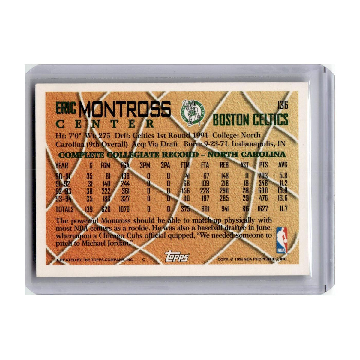 Eric Montross 1994 Topps #136 Boston Celtics Basketball Card NM
