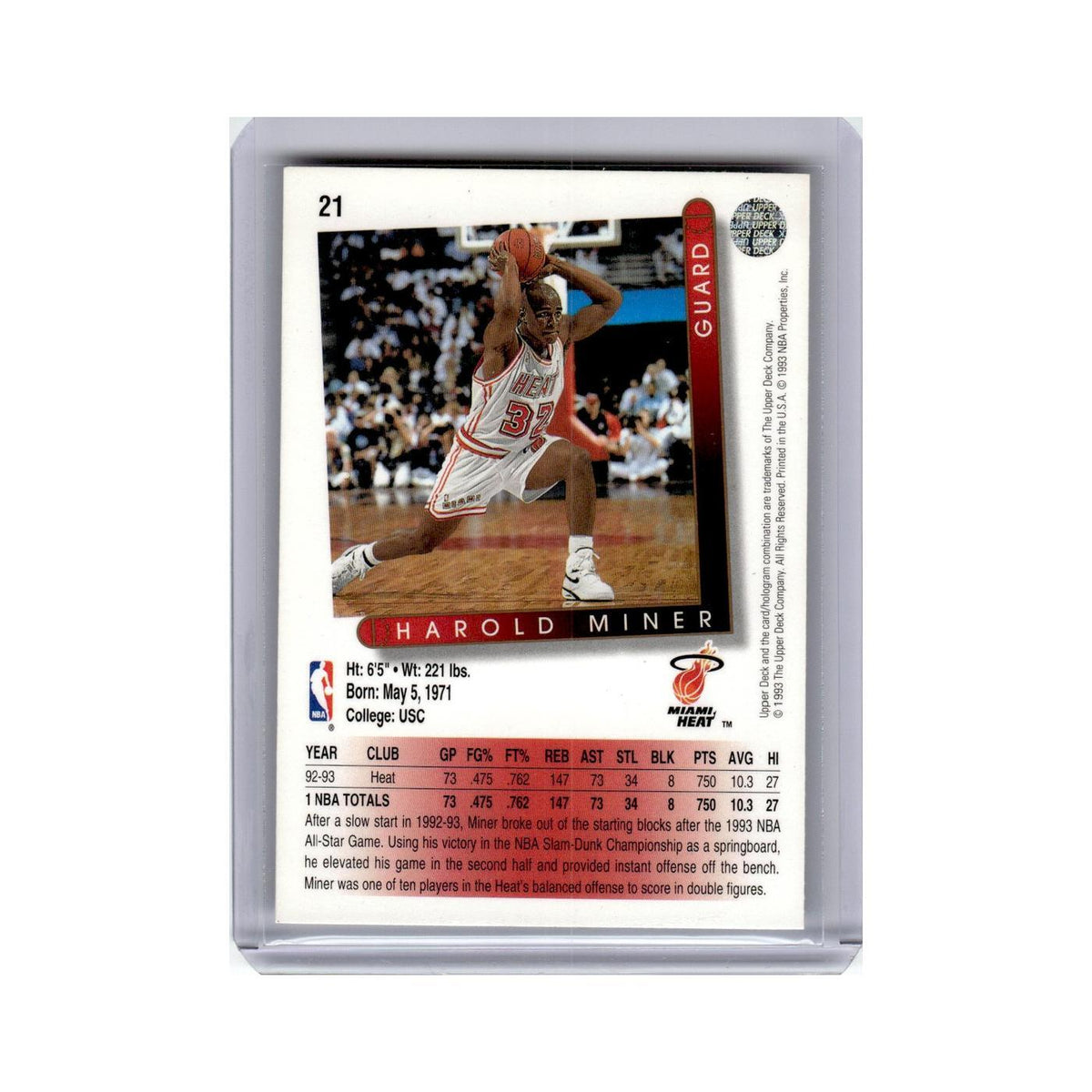 Harold Miner 1993 Upper Deck #21 Miami Heat Basketball Card NM