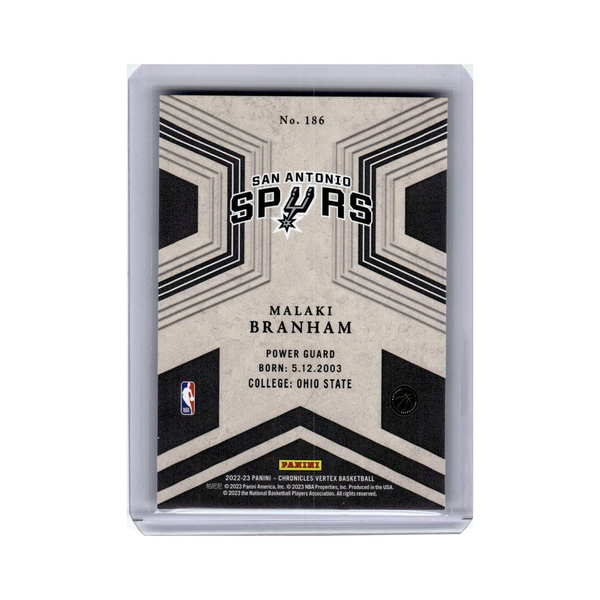 Malaki Branham Rookie 2022 Panini Chronicles Vertex #186 San Antonio Spurs NM