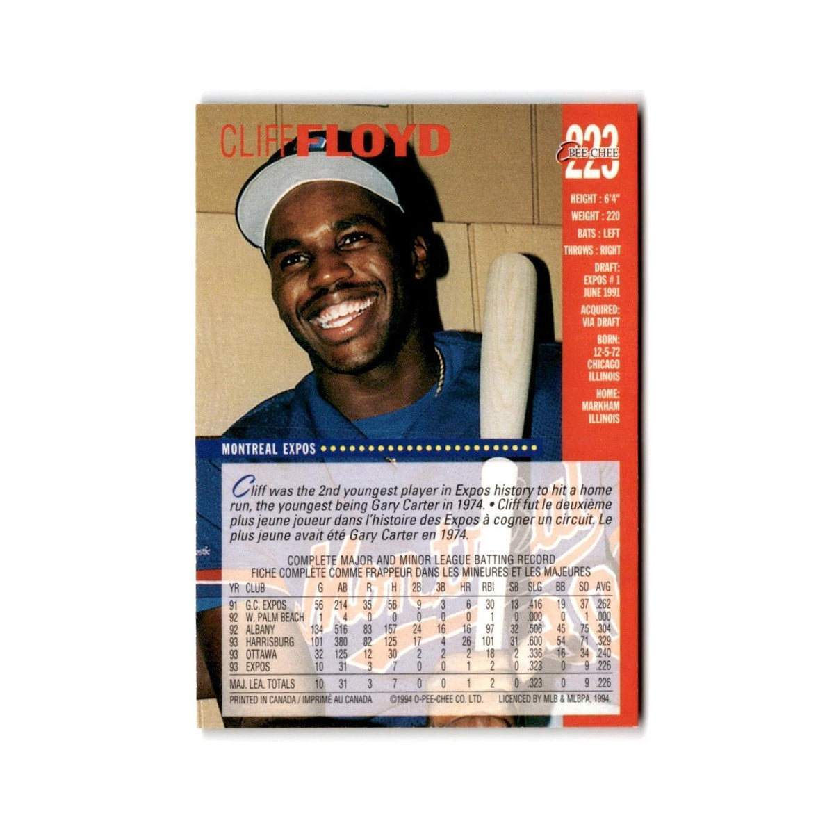 Cliff Floyd 1994 O-Pee-Chee #223 Montreal Expos Baseball Card NM
