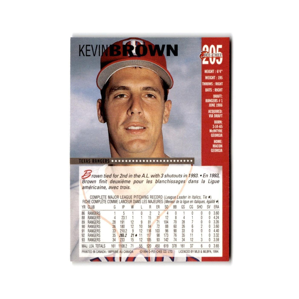 Kevin Brown 1994 O-Pee-Chee #205 Texas Rangers Baseball Card NM