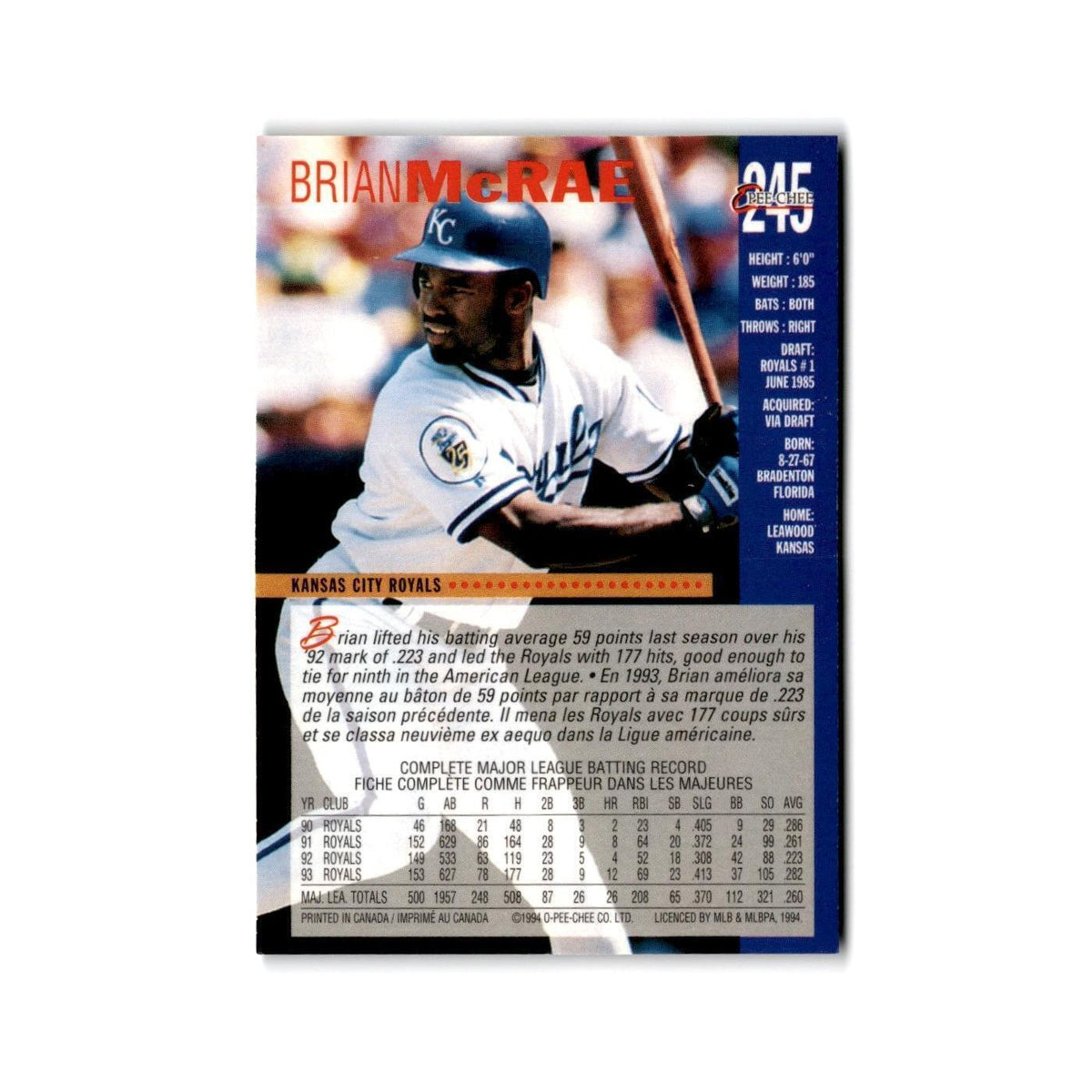 Brian McRae 1994 O-Pee-Chee #245 Kansas City Royals Baseball Card NM