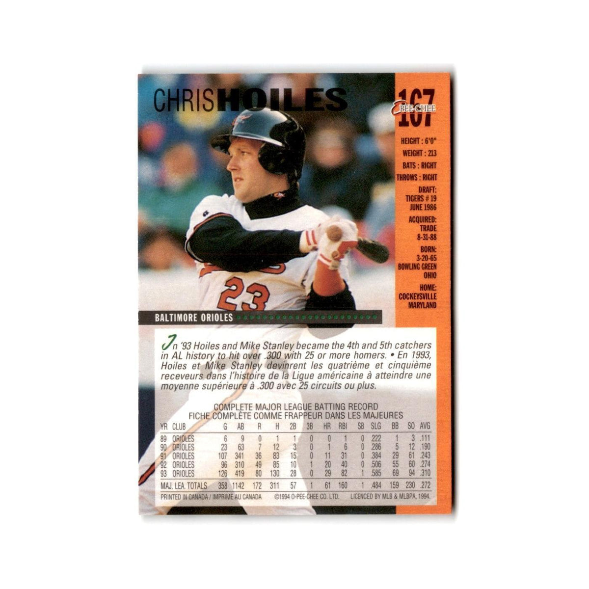 Chris Hoiles 1994 O-Pee-Chee #167 Baltimore Orioles Baseball Card NM
