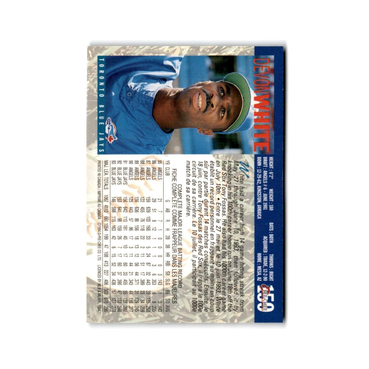 Devon White 1994 O-Pee-Chee #159 Toronto Blue Jays Baseball Card NM