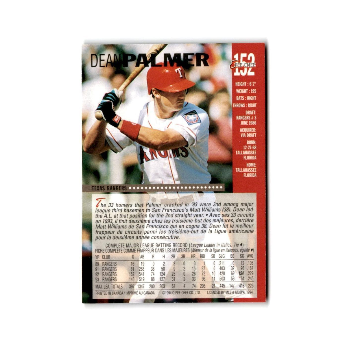 Dean Palmer 1994 O-Pee-Chee #152 Texas Rangers Baseball Card NM