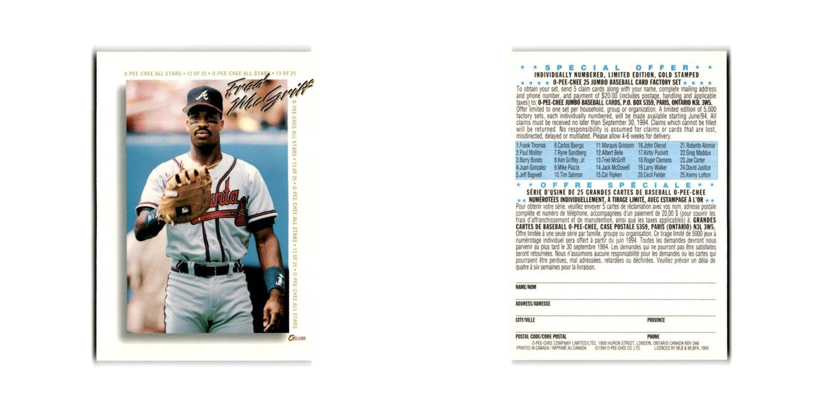 Fred McGriff 1994 O-Pee-Chee #13 Atlanta Braves Baseball Card NM