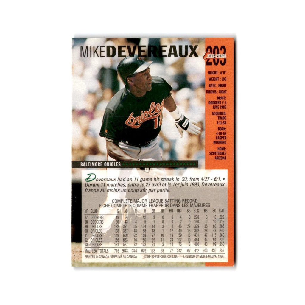 Mike Devereaux 1994 O-Pee-Chee #203 Baltimore Orioles Baseball Card NM