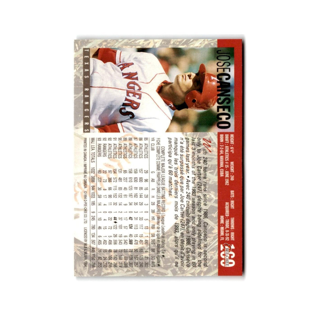 Jose Canseco 1994 O-Pee-Chee #169 Texas Rangers Baseball Card NM