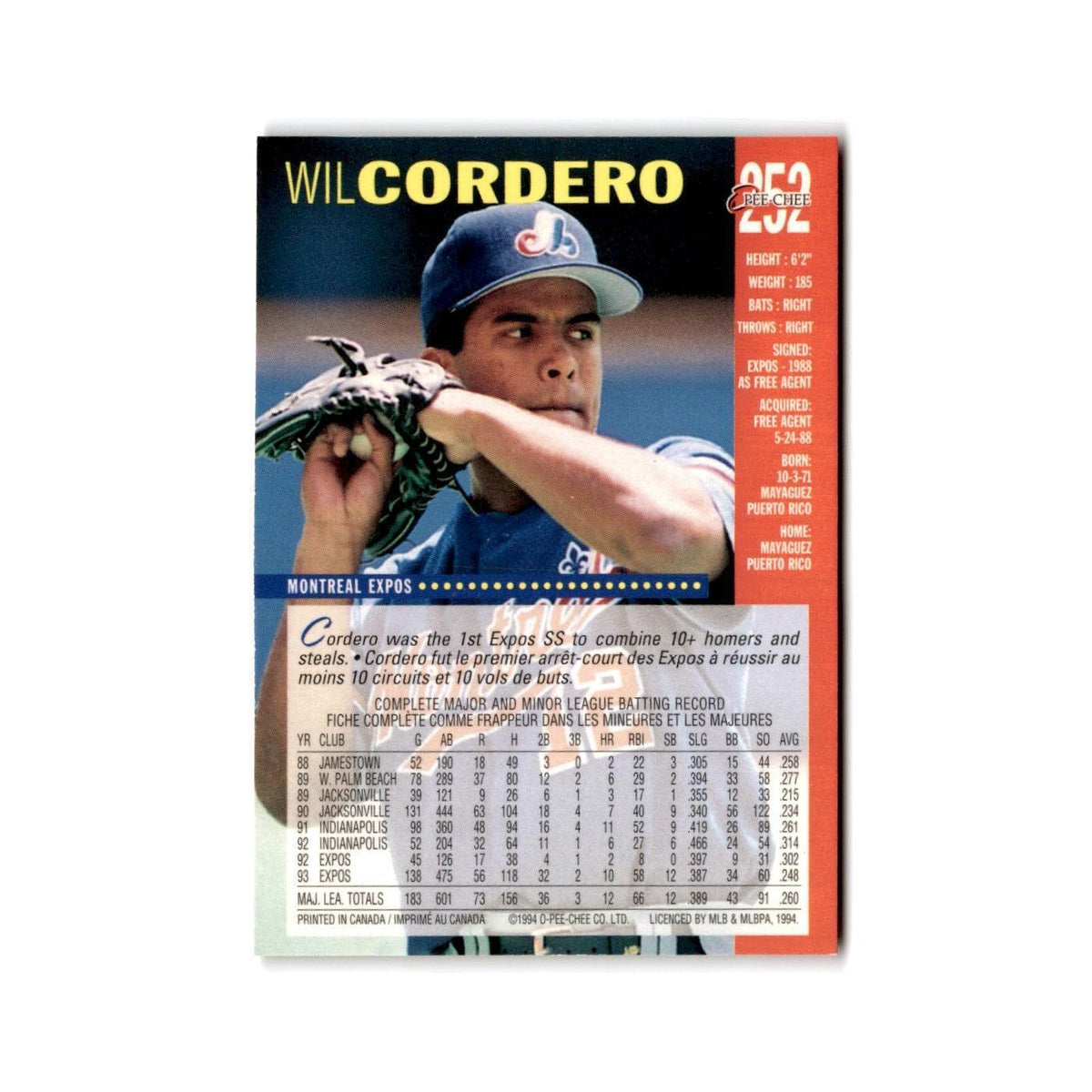 Wil Cordero 1994 O-Pee-Chee #252 Montreal Expos Baseball Card NM
