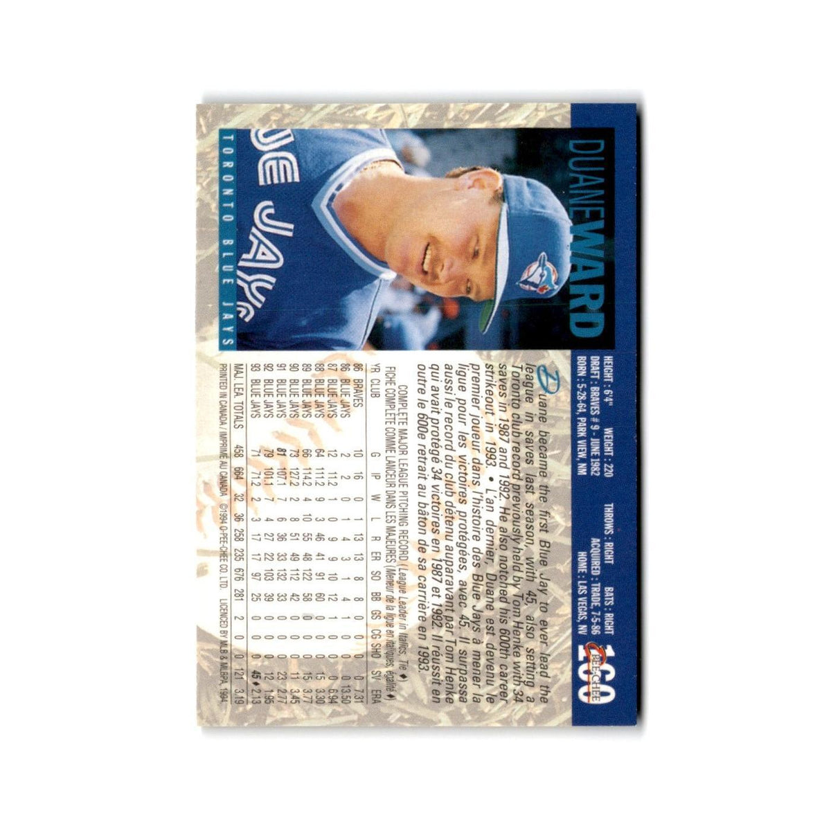 Duane Ward 1994 O-Pee-Chee #160 Toronto Blue Jays Baseball Card NM
