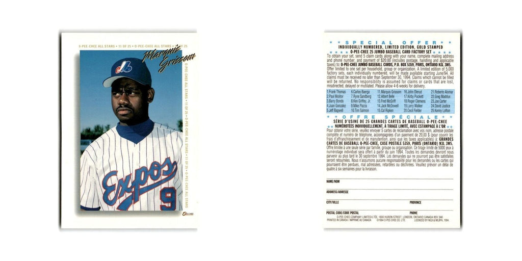 Marquis Grissom 1994 O-Pee-Chee All-star Redempton #11 Montreal Expos NM