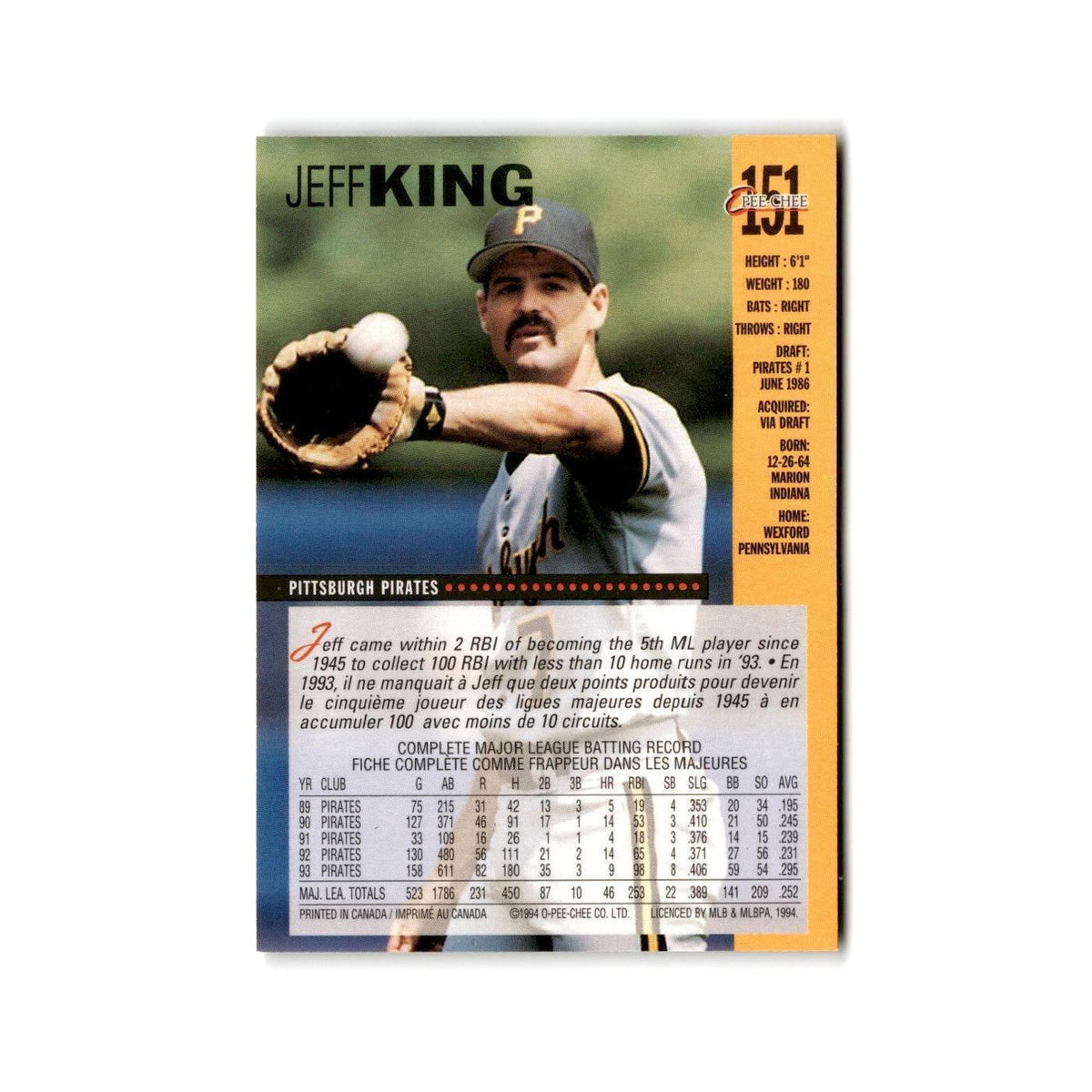 Jeff King 1994 O-Pee-Chee #151 Pittsburgh Pirates Baseball Card NM