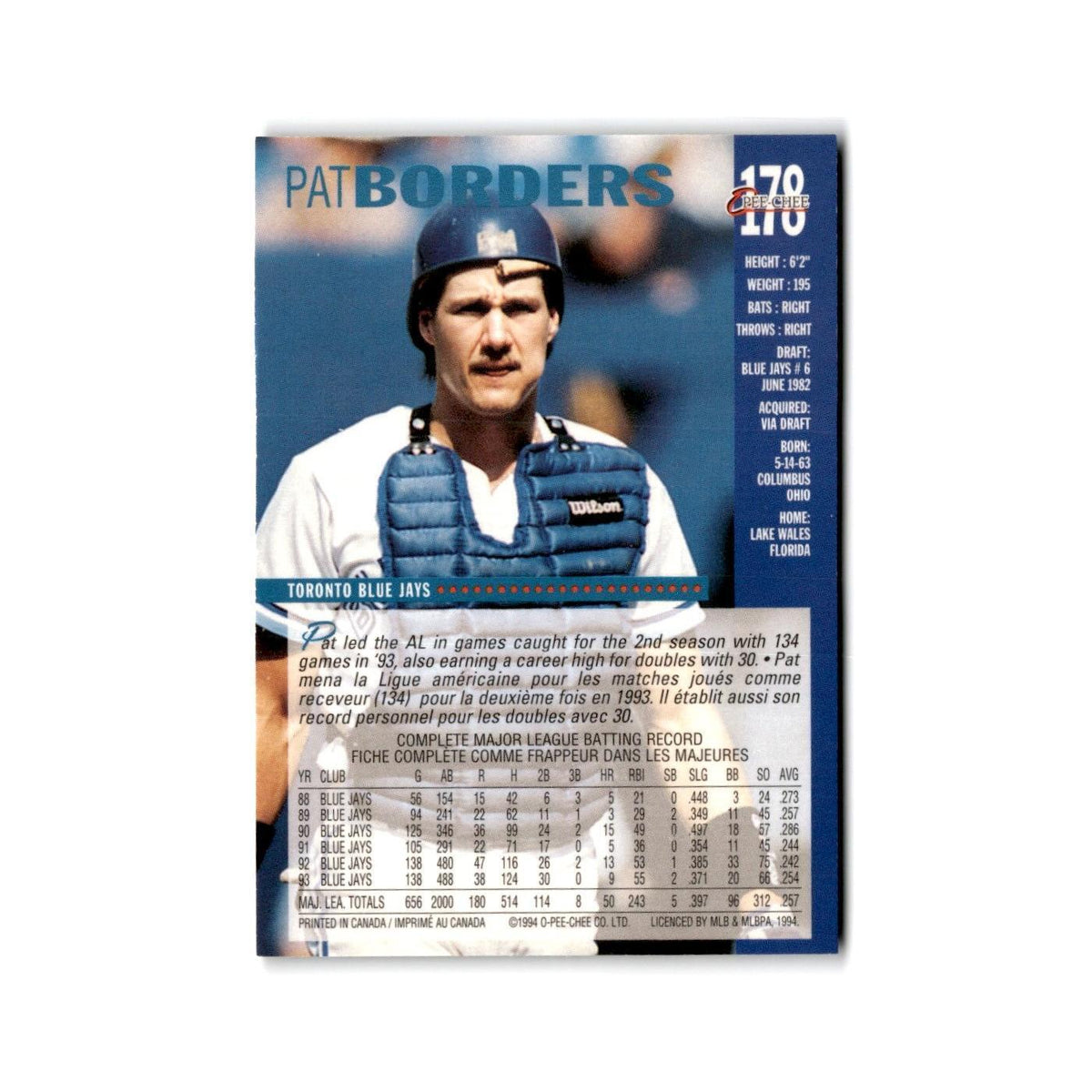 Pat Borders 1994 O-Pee-Chee #178 Toronto Blue Jays Baseball Card NM