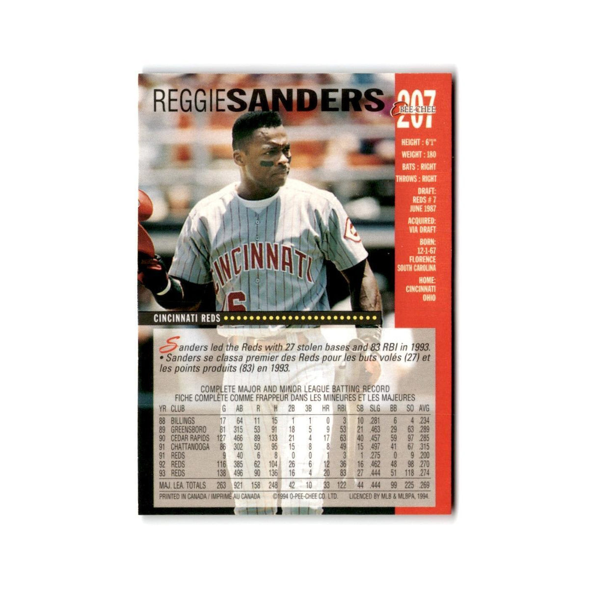 Reggie Sanders 1994 O-Pee-Chee #207 Cincinnati Reds Baseball Card NM