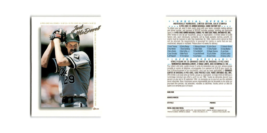 Jack McDowell 1994 O-Pee-Chee All-star Redempton #14 Chicago White Sox NM